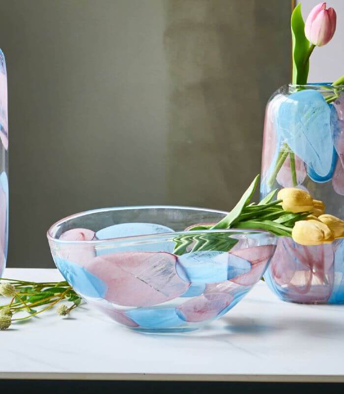 Sancia Azure Bloom Handcrafted Glass Vases and Bowl Blue & Pink