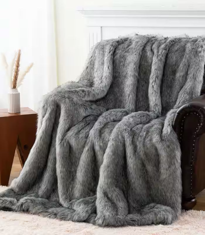 Faux Fur Throw Blanket Soft Thick Grey