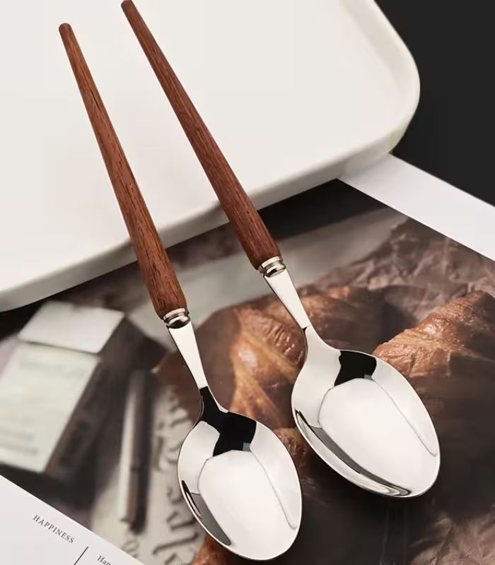 24-Piece Coastal Dining Cutlery Set – Rosewood Handle Stainless Steel Flatware (Brown)