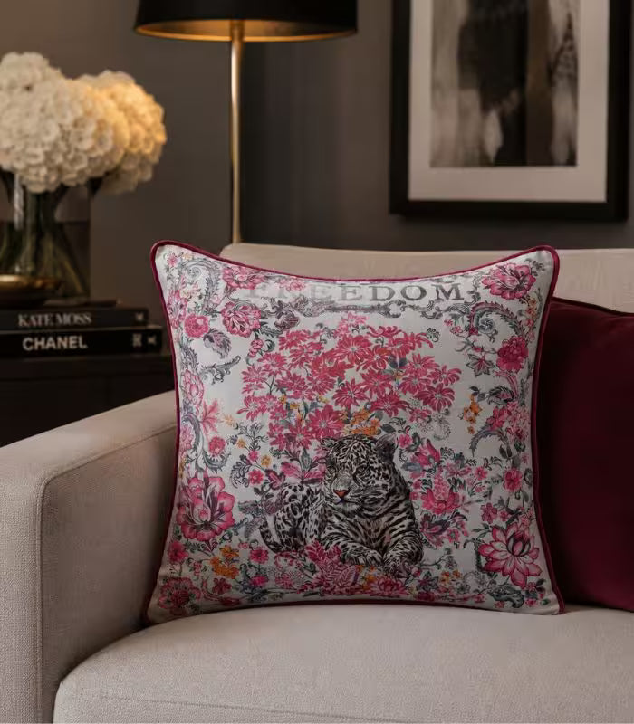 Botanical Wilderness Velvet Cushion Cover – Floral and Leopard Design with Piping Trim