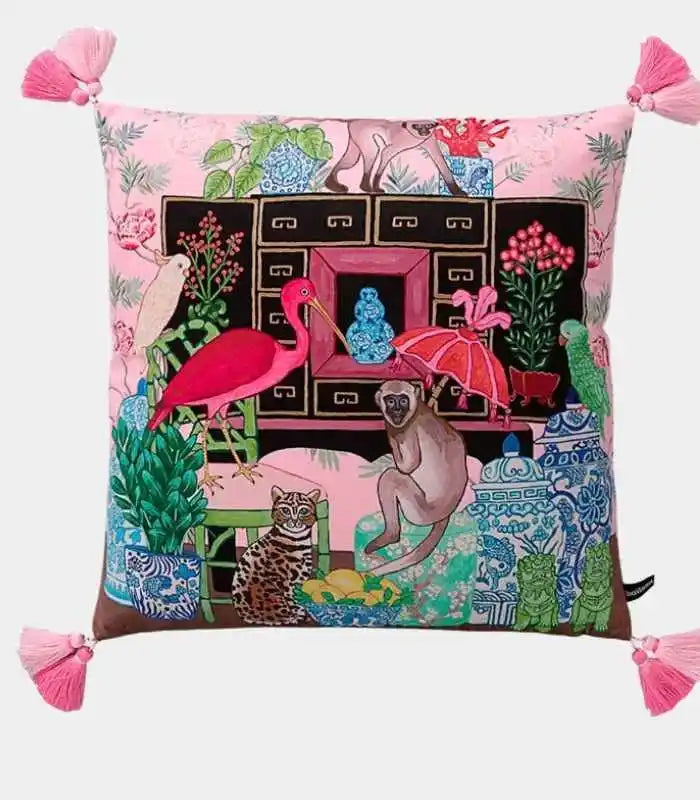 Velvet Cushion Cover with Whimsical Monkey and Fauna Print