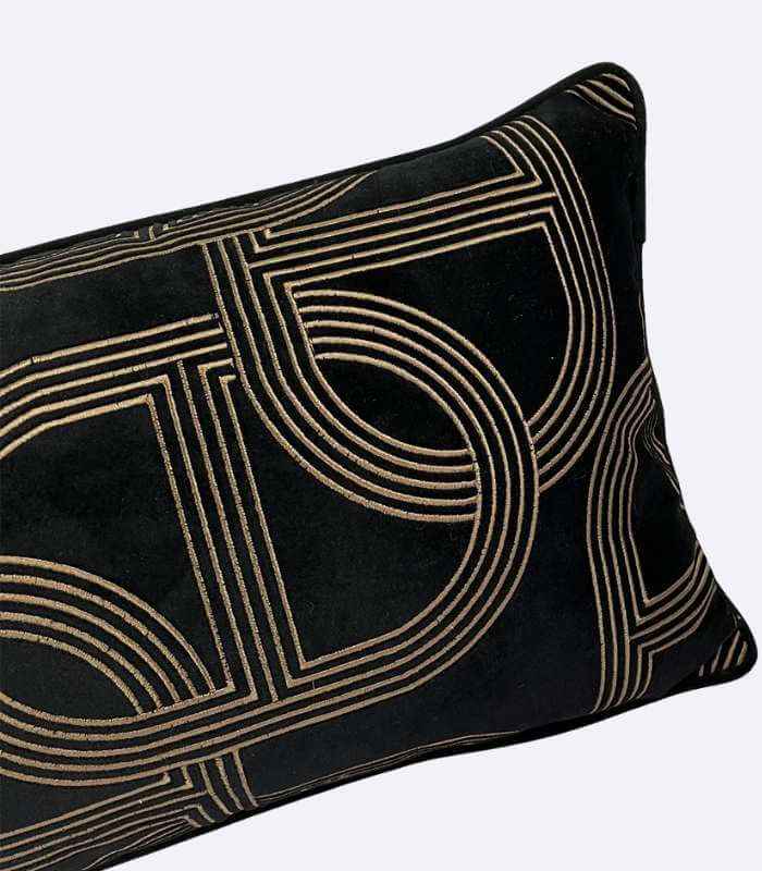 Art Deco Geometric Embroidered Velvet Cushion Cover Black & Gold