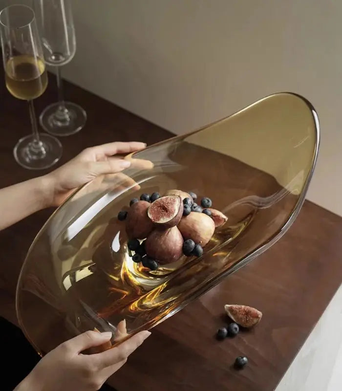 Solara Handblown Glass Fruit Bowl – Organic Wave Design Warm Amber Gold