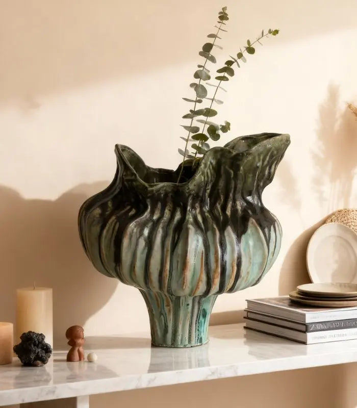 Verdant Ceramic Vase – Handcrafted Sculptural Design with Ombré Glaze