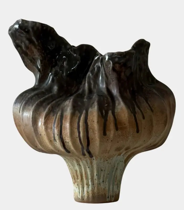 Verdant Ceramic Vase – Earth & Ember Sculptural Vase – Handcrafted Tectonic Ceramic with Ash Glaze