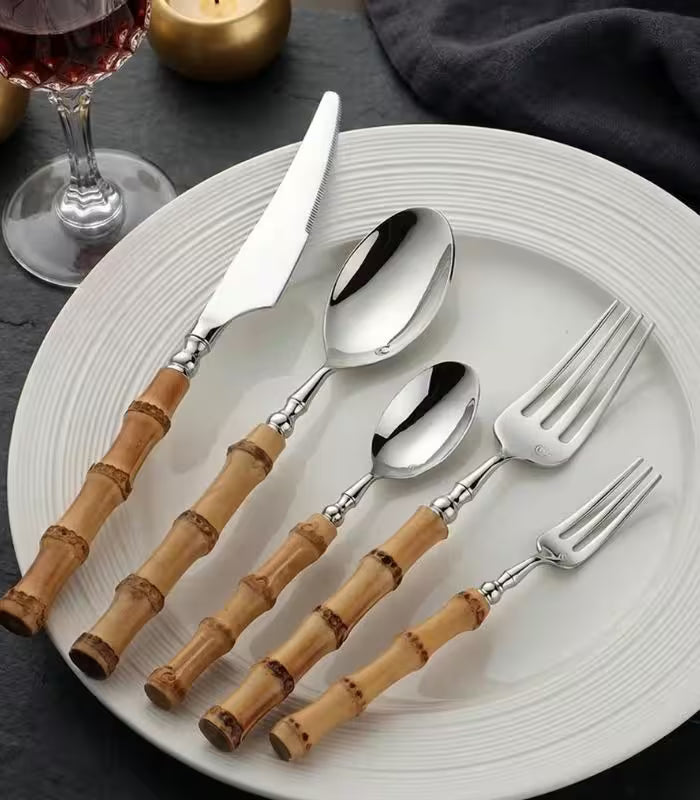 Cutlery Set Natural Bamboo Handle 304 Stainless Steel Silver