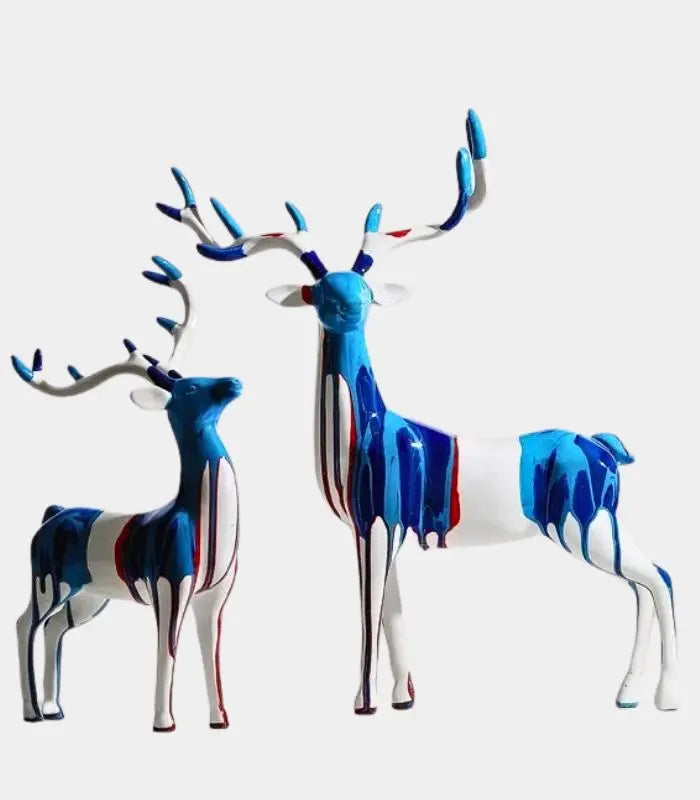 Set of 2 Reindeer Sculptures Blue & White Resin