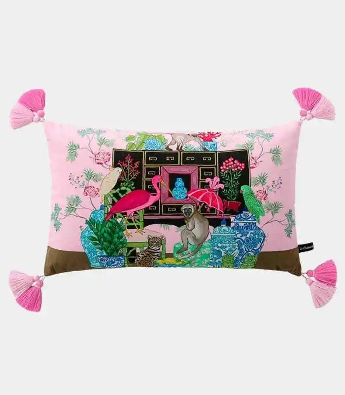 Velvet Cushion Cover with Whimsical Monkey and Fauna Print