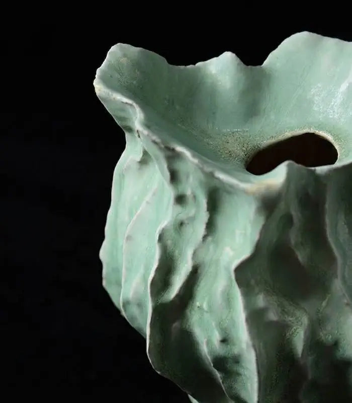 Talia Handcrafted Ceramic Vase – Two-Tone Green Ruffled Leaf-Form Sculptural Vessel