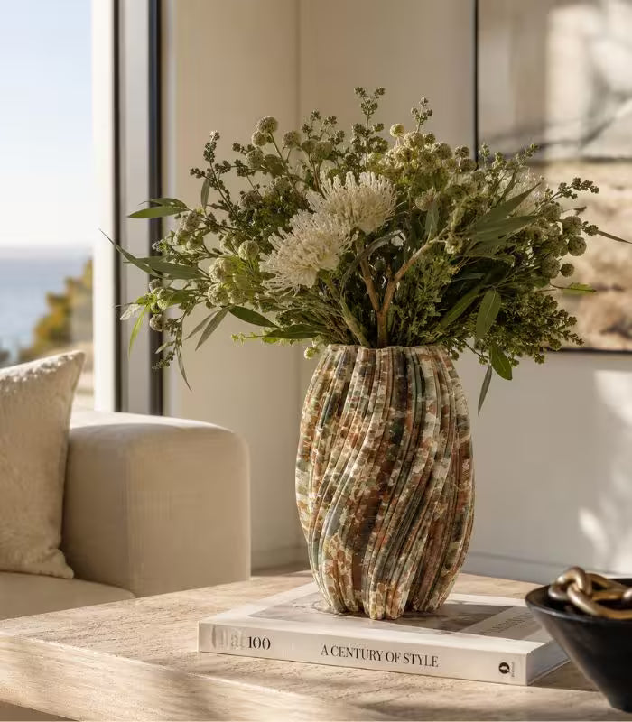 Portia Hand-Painted Ceramic Vase – Textured Pleated Design in Earthy Tones 28 cm (11 in)