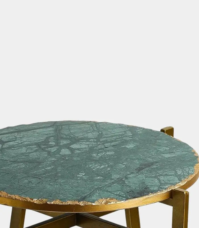 Sinclair Green Natural Marble Side Table – Brass Frame Accent Round Table 51 cm