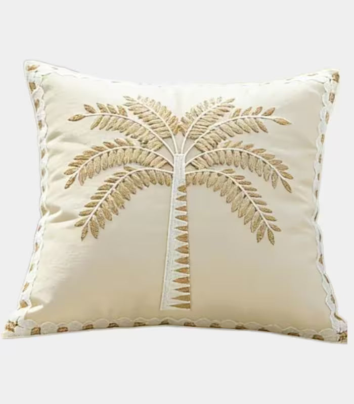 Palm Tree Embroidered Cushion Cover with Decorative Trim