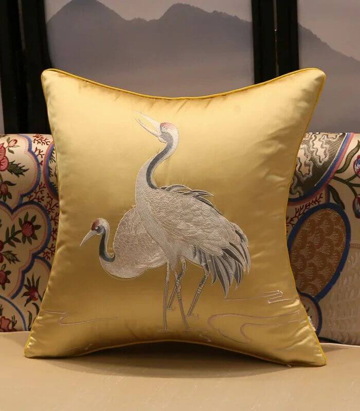 Cushion Cover Crane Embroidered Silk Sating 45x45cm