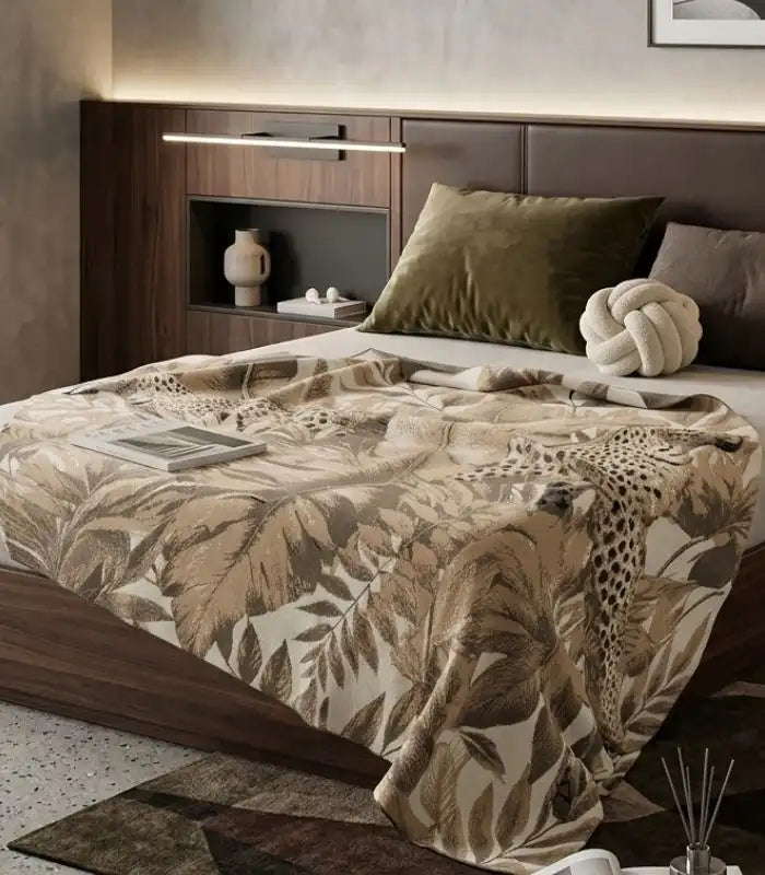 Serengeti Knitted Acrylic Blanket – Leopard and Tropical Foliage Print