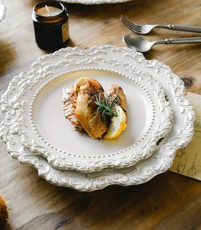 French Baroque Dinner Plates Ceramic Embossed Dinner Tableware