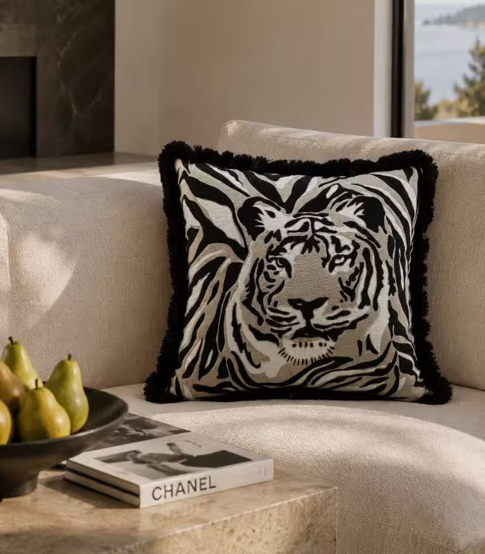 Nocturne Woven Cushion Cover – Tiger Portrait Design in Black and White 45 x 45 cm