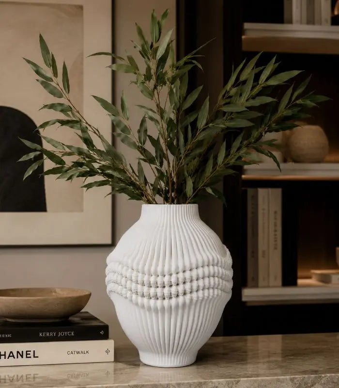 Celestara Ceramic Vase – Handcrafted Pleated Design in Ivory White