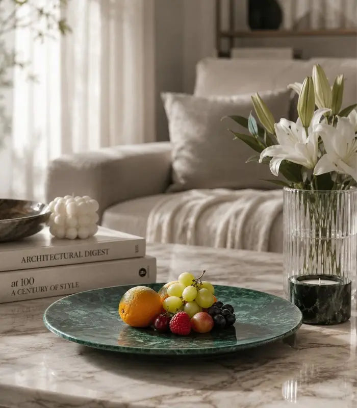 Green Marble Round Tray – Natural Stone Decorative Serving Tray 27cm / 10.6"