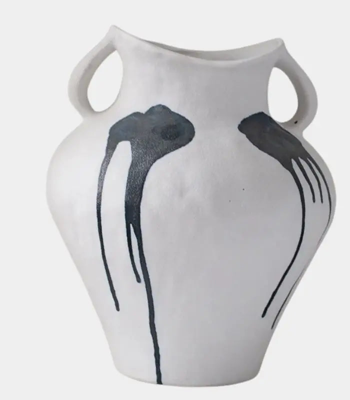 Callista Ceramic Vase – Hand-Painted Abstract Ink Design with Twin Handles