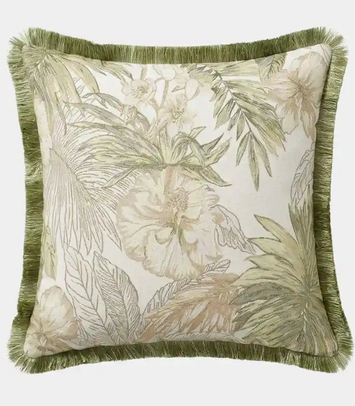 Palm Grove Jacquard Cushion Cover – Tropical Botanical Design with Fringe Trim