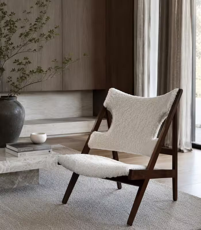 Knitting Lounge Chair — Mid-Century A-Frame in Ashwood & Ivory Boucle | Low-Slung Accent Chair