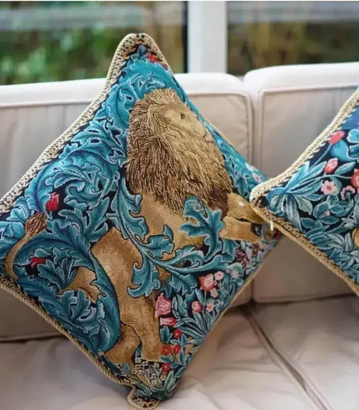 Imperial Leo Art Deco Jacquard Cushion Cover - Luxurious Lion Tapestry