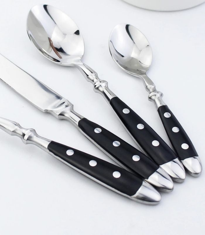 24 Pcs Cutlery Set Winchester Crest Resin and 18/10 Stainless Steel Set for 6 Black