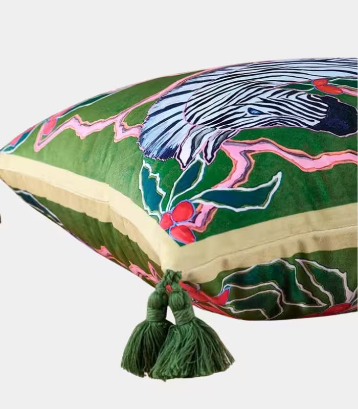 Savanna Zebra Velvet Cushion Cover – Decorative Wildlife Design with Tassel Trim