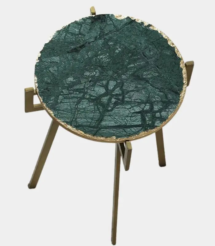 Sinclair Green Natural Marble Side Table – Brass Frame Accent Round Table 51 cm