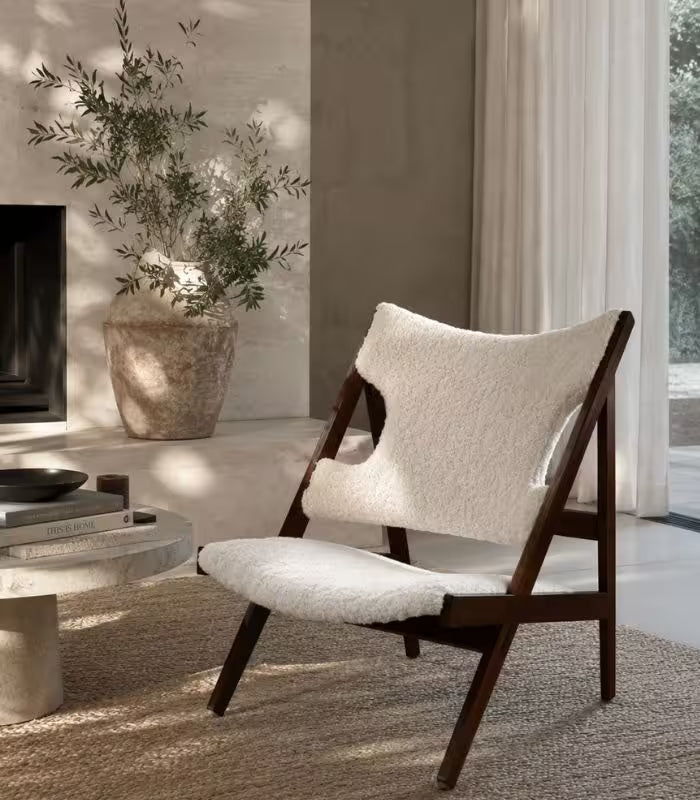 Knitting Lounge Chair — Mid-Century A-Frame in Ashwood & Ivory Boucle | Low-Slung Accent Chair