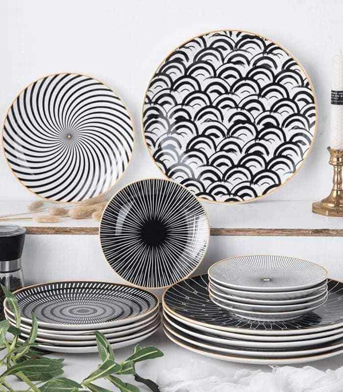 Set of 6  Dining Plates Black & White Porcelain 20cm