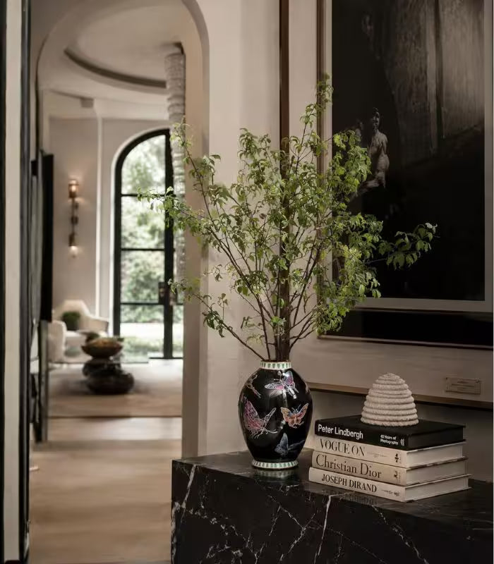 Danza Butterfly Hand-Painted Porcelain Vase – Black with Gold Trim