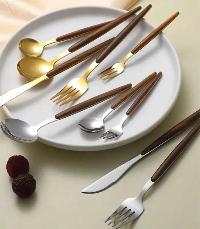 30 Pcs Cutlery Set 304 Stainless Steel Wooden Handle