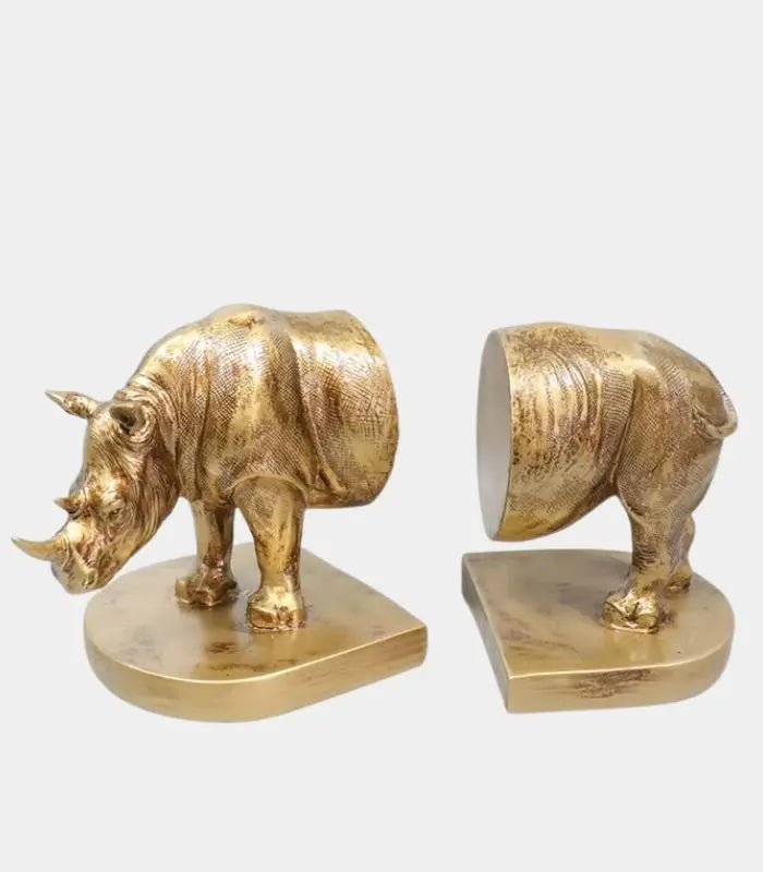 Set 2 Pcs Rhinoceros Bookends – Golden Metallic Resin Design 25 cm (9.84 in)