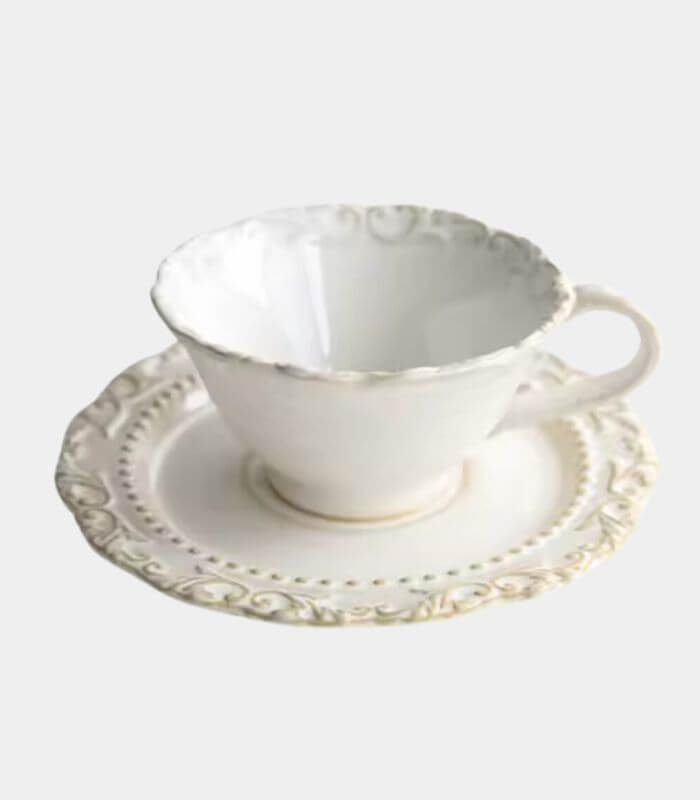 French Baroque Tea Cup with Saucer Ceramic Embossed