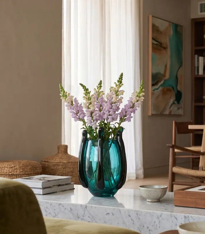 Oceana Glass Vase – Hand-Crafted Sculptural Cage Design in Teal 27 cm