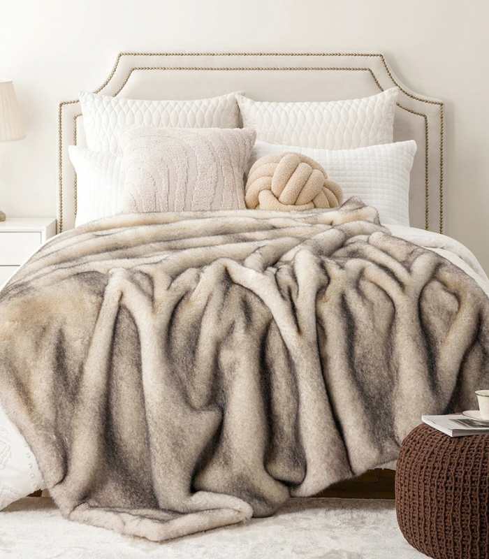 Faux Fur Blanket Throw Cream - Grey