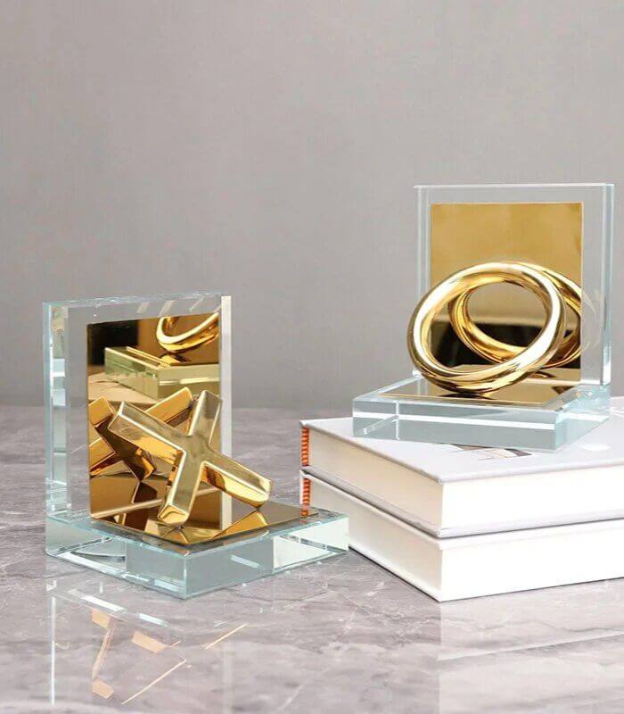Set of 2 Pcs Tic-tac-toe Crystal Glass Bookends Gold