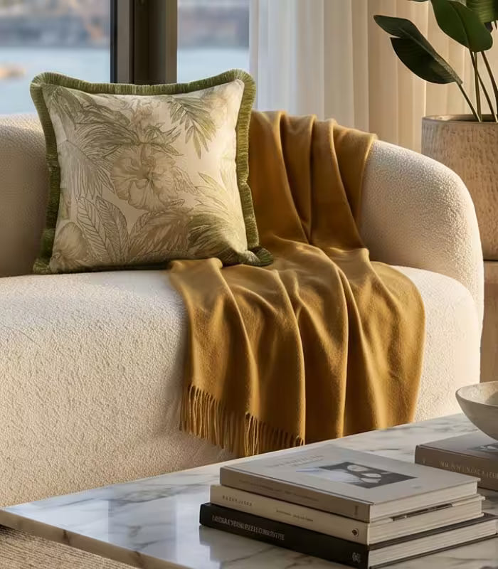 Palm Grove Jacquard Cushion Cover – Tropical Botanical Design with Fringe Trim