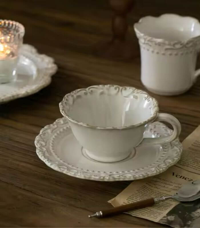 French Baroque Tea Cup with Saucer Ceramic Embossed