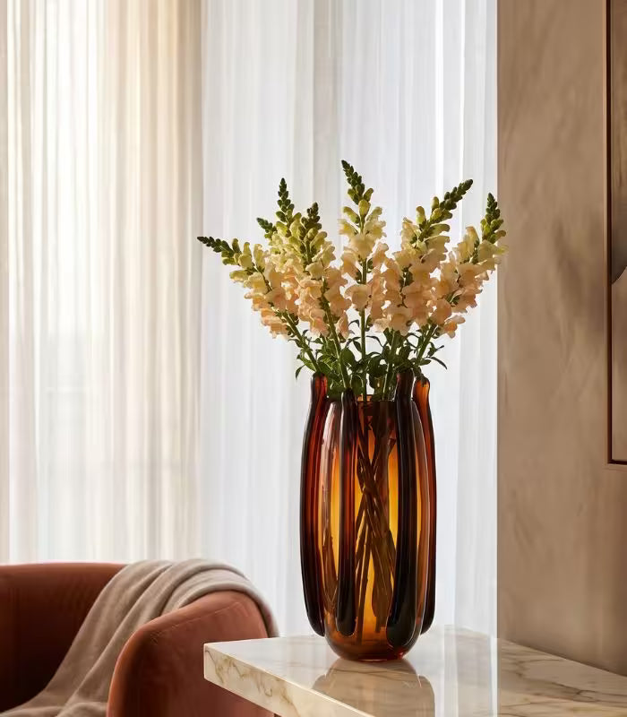 Velora Glass Vase – Hand-Crafted Sculptural Cage Design in Amber Brown