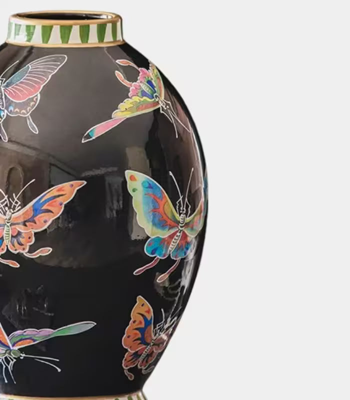 Danza Butterfly Hand-Painted Porcelain Vase – Black with Gold Trim