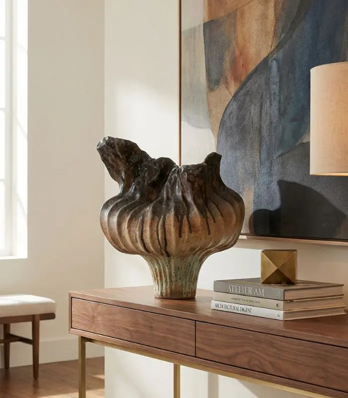 Verdant Ceramic Vase – Earth & Ember Sculptural Vase – Handcrafted Tectonic Ceramic with Ash Glaze