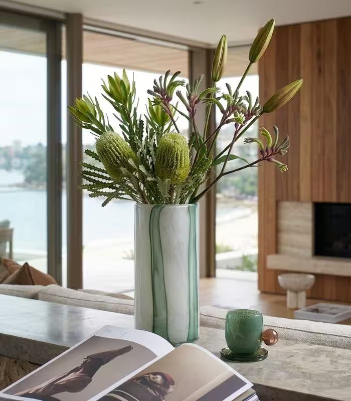 Meridian Striped Glass Vase – Contemporary Green and White Cylindrical Design