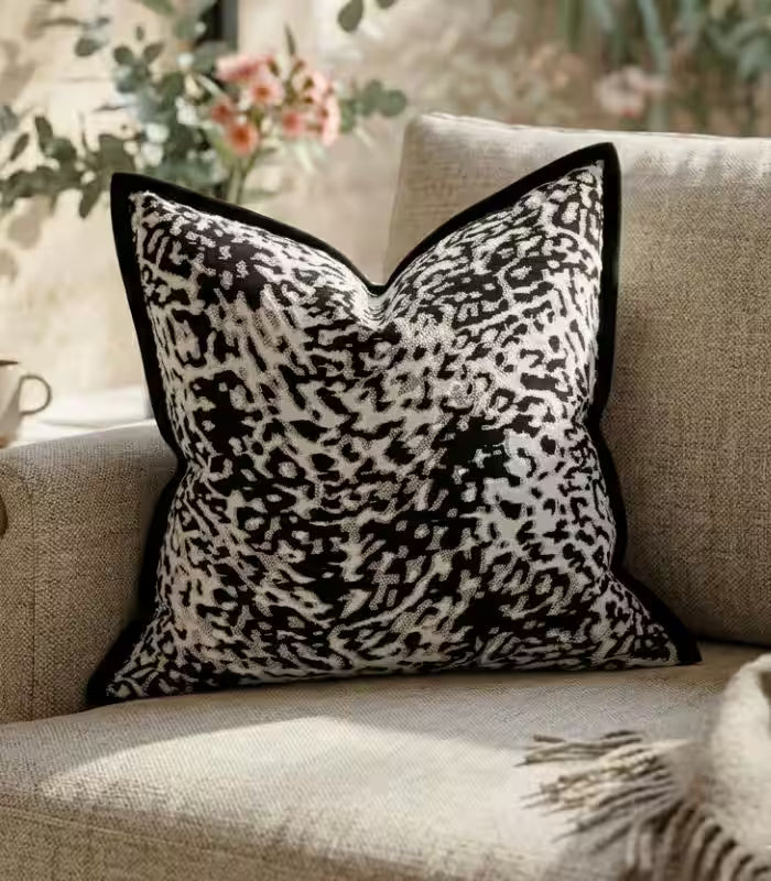 Leopard Print Jacquard Cushion Cover – Bold Black and White Animal Pattern