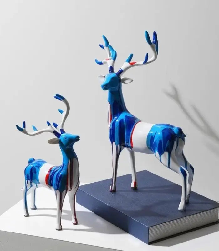 Set of 2 Reindeer Sculptures Blue & White Resin
