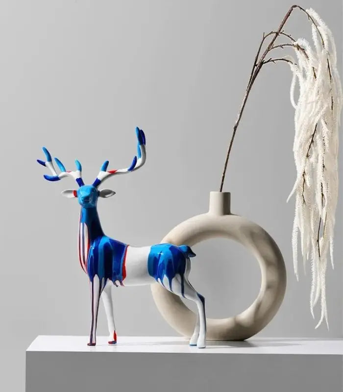 Set of 2 Reindeer Sculptures Blue & White Resin