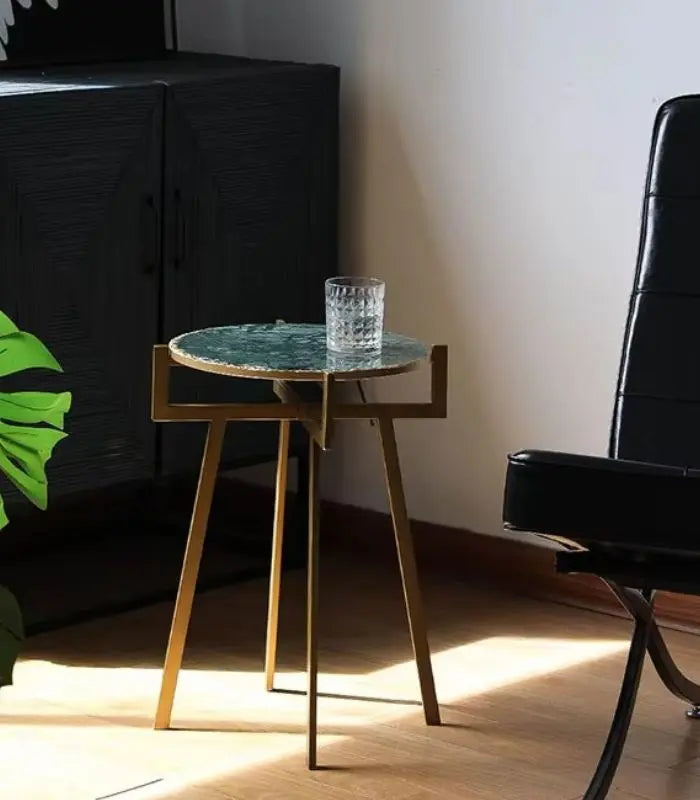 Sinclair Green Natural Marble Side Table – Brass Frame Accent Round Table 51 cm
