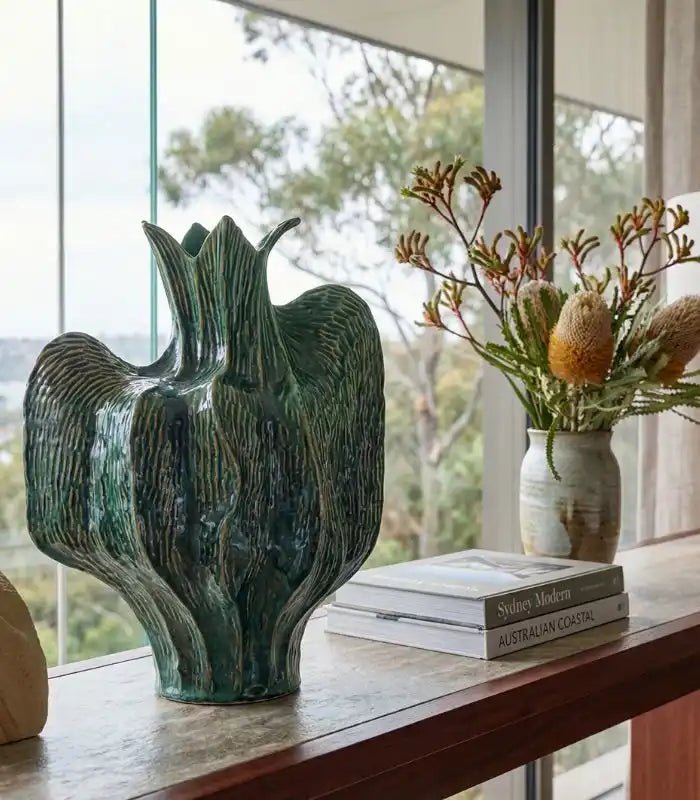 Botanica Ceramic Vase – Handcrafted Organic Form with Green Glaze 34 cm