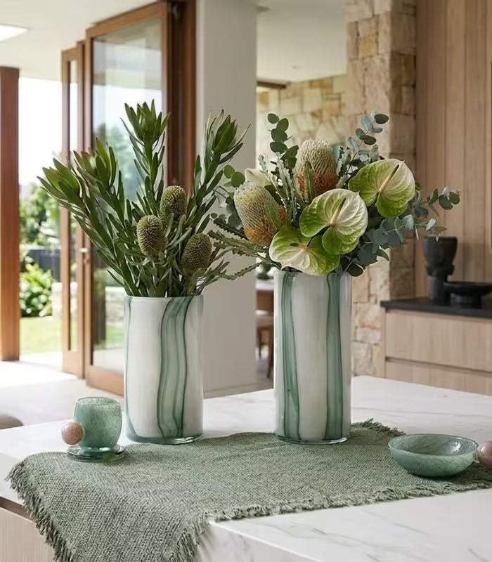 Meridian Striped Glass Vase – Contemporary Green and White Cylindrical Design